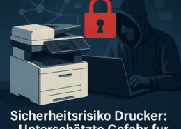 Drucker Sicherheitslücke: Symbolbild eines Hackers, der Sicherheitslücken eines Multifunktionsdruckers ausnutzt