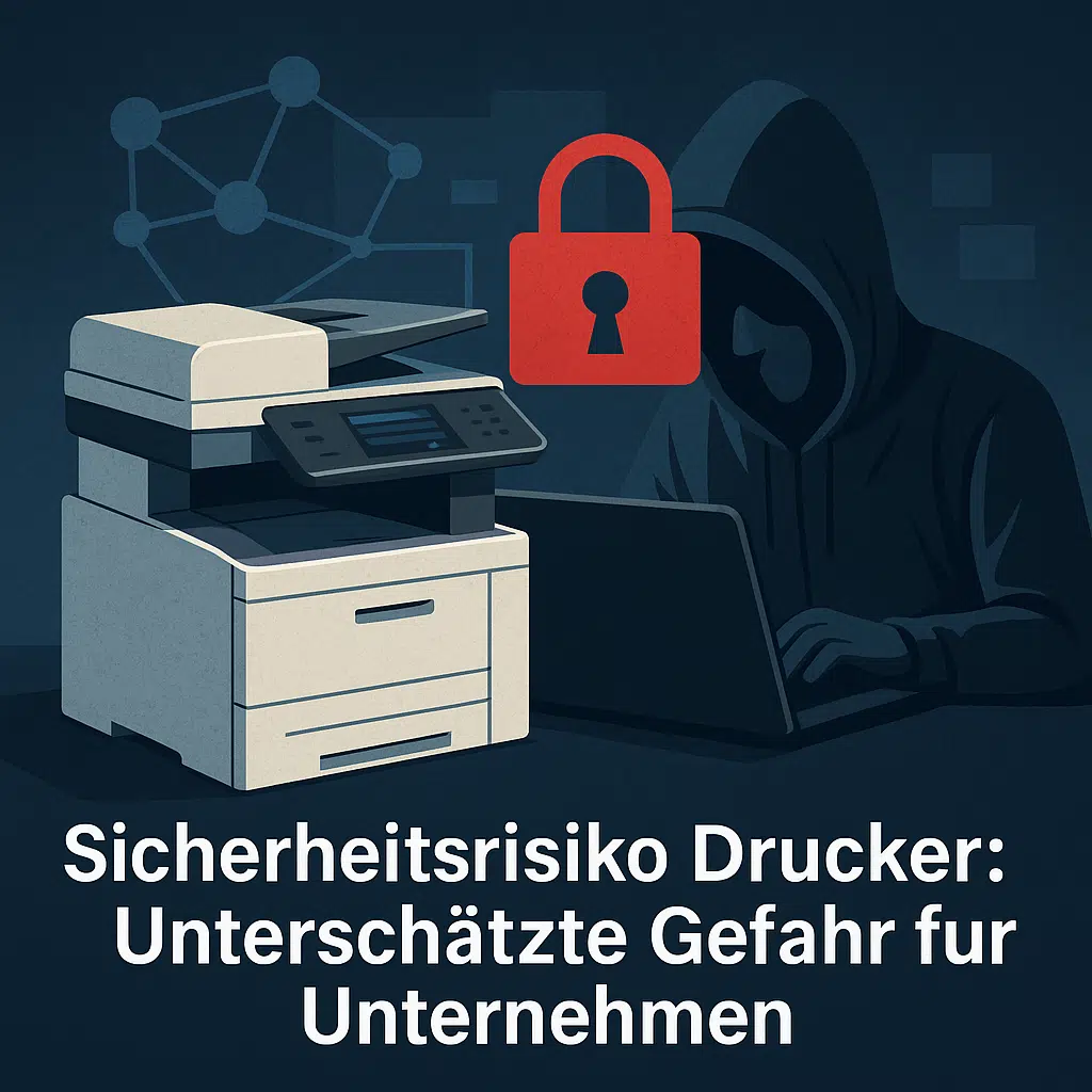 Drucker Sicherheitslücke: Symbolbild eines Hackers, der Sicherheitslücken eines Multifunktionsdruckers ausnutzt