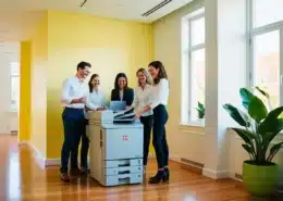 Gebrauchte Kopierer - „Mitarbeitende versammeln sich um einen gebrauchten Kopierer in einem modernen, hellen Büro“