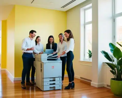 Gebrauchte Kopierer - „Mitarbeitende versammeln sich um einen gebrauchten Kopierer in einem modernen, hellen Büro“
