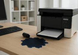 „Moderner Büroschreibtisch mit einem Drucker, aus dem blaue Tinte ausgelaufen ist, daneben liegt eine Tonerkartusche – Symbolbild für ausgelaufene Tinte und Toner im Drucker.“