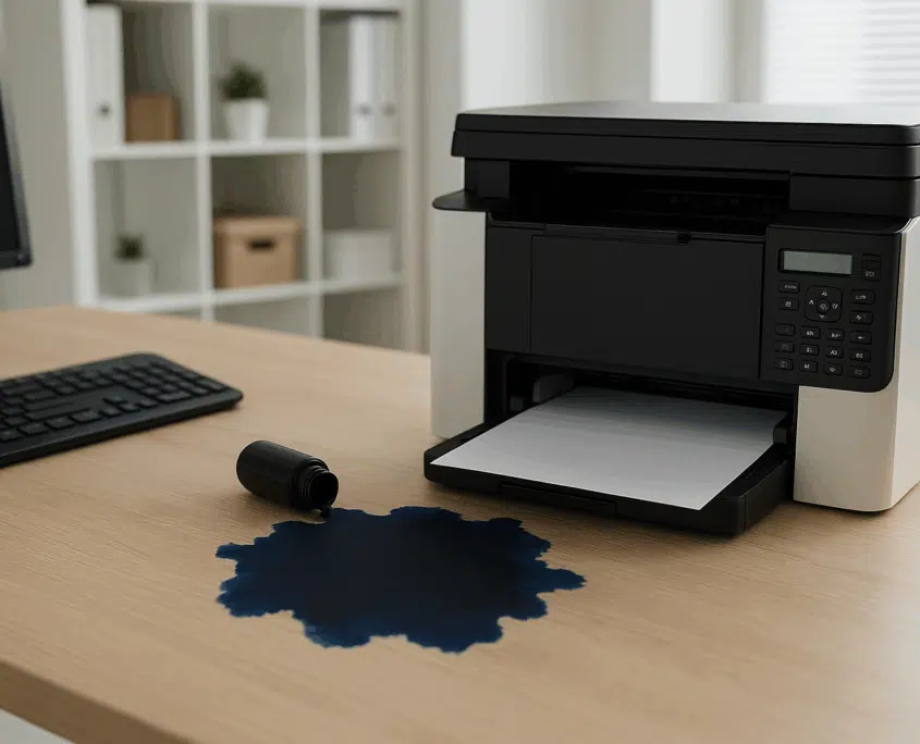 ausgelaufene-tinte-drucker-buero.jpg „Moderner Büroschreibtisch mit einem Drucker, aus dem blaue Tinte ausgelaufen ist, daneben liegt eine Tonerkartusche – Symbolbild für ausgelaufene Tinte und Toner im Drucker.“